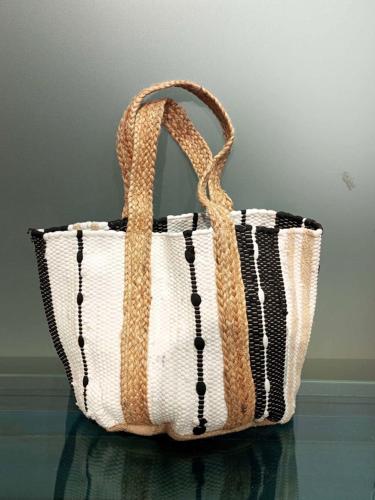 White Black Cotton Beach Bag