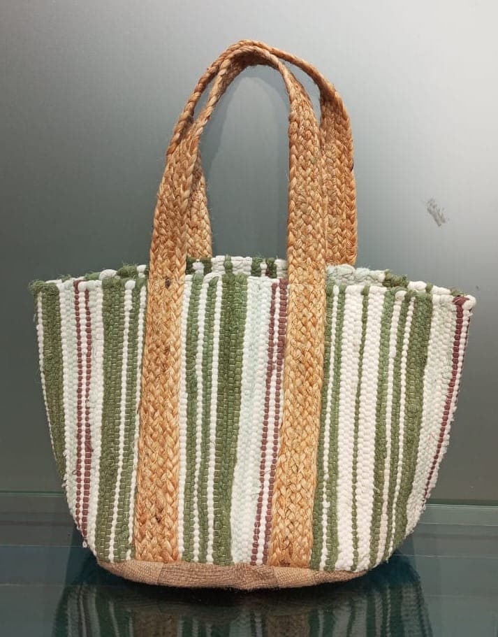 Stripe Green Cotton Beach Bag