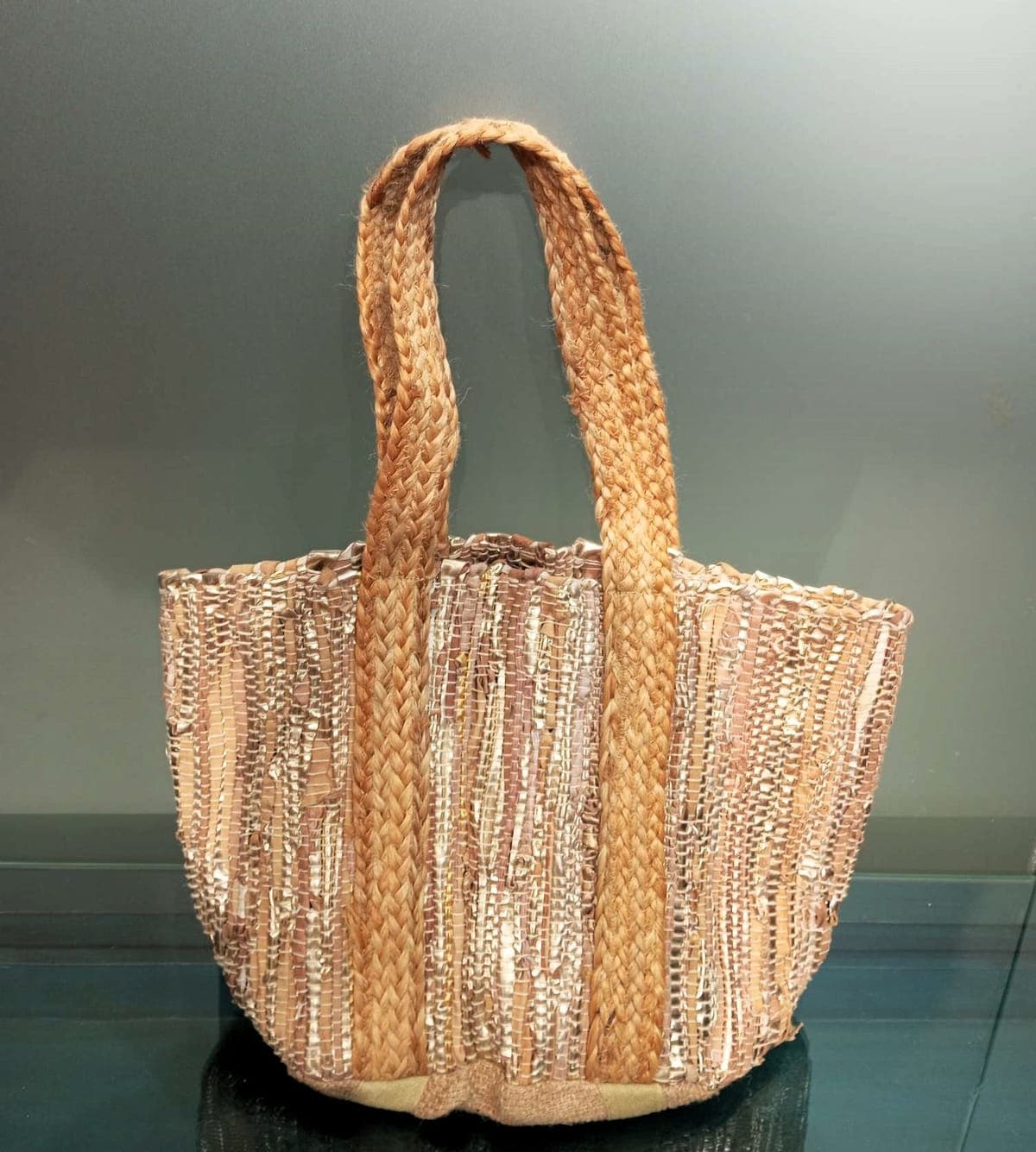 Tan Leather Jute Beach Bag