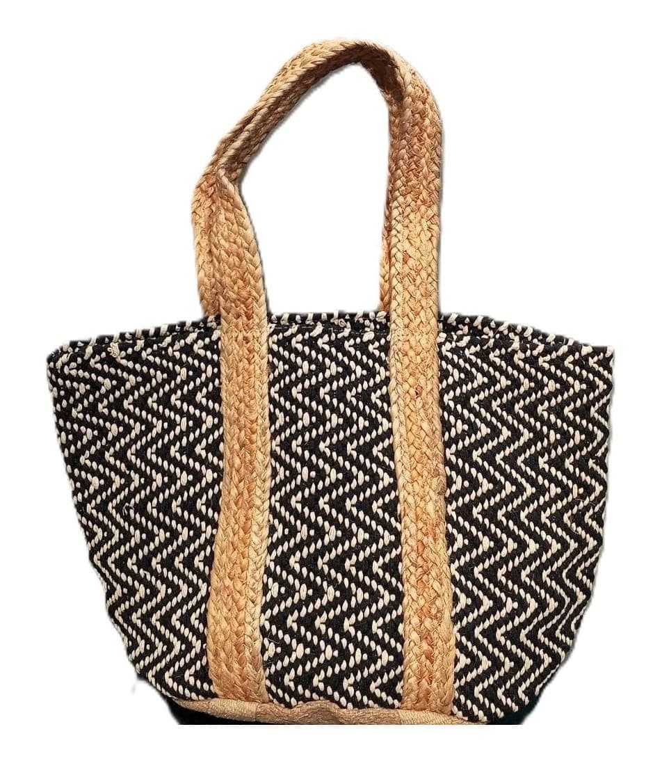 Natural Black Zigzag Beach Bag