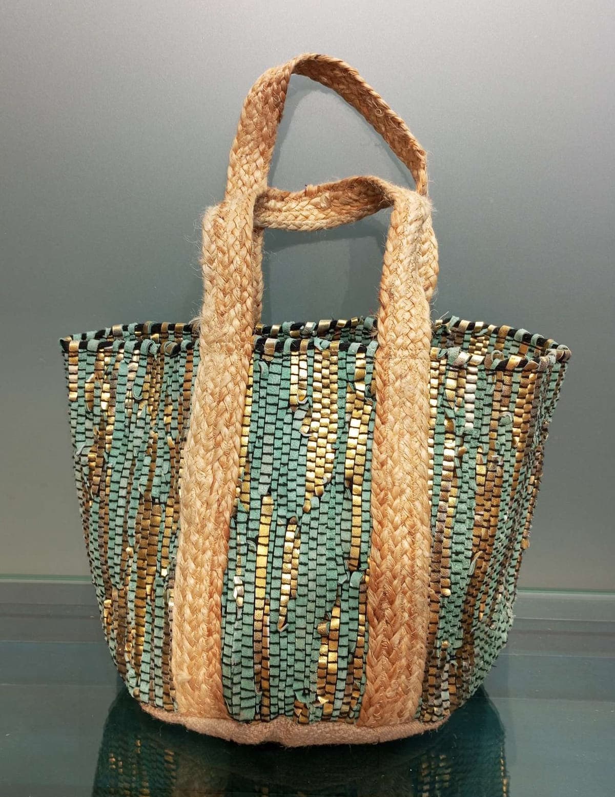 Green Gold Leather Beach Bag