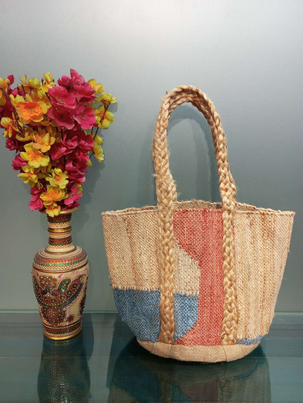 Jute Colorblock Tote Bag