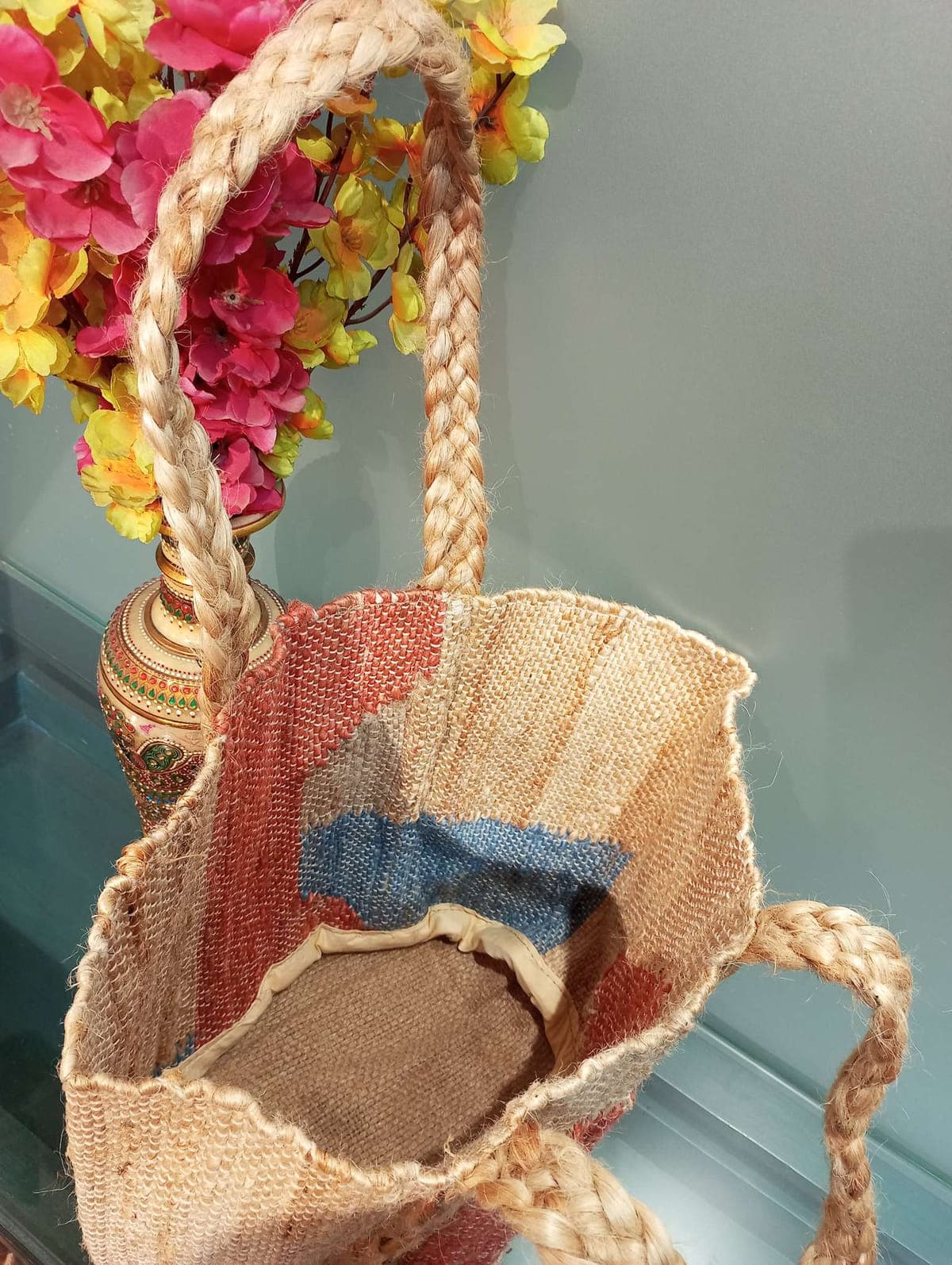 Jute Colorblock Tote Bag