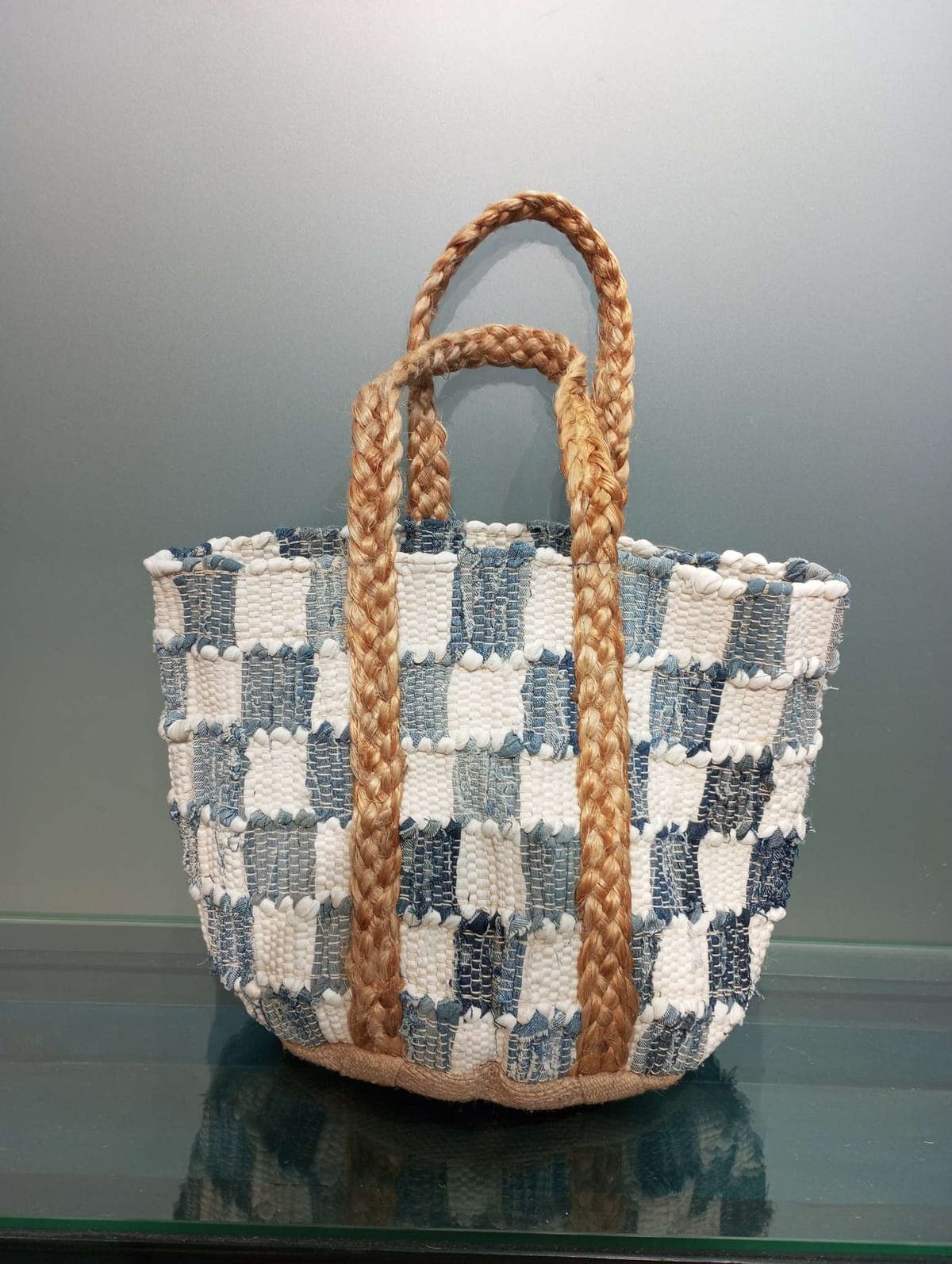 Checked Pattern Denim White Beach Bag