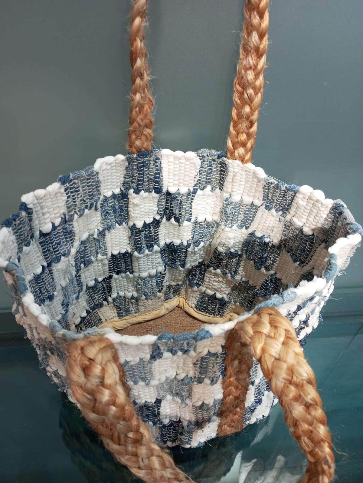 Checked Pattern Denim White Beach Bag