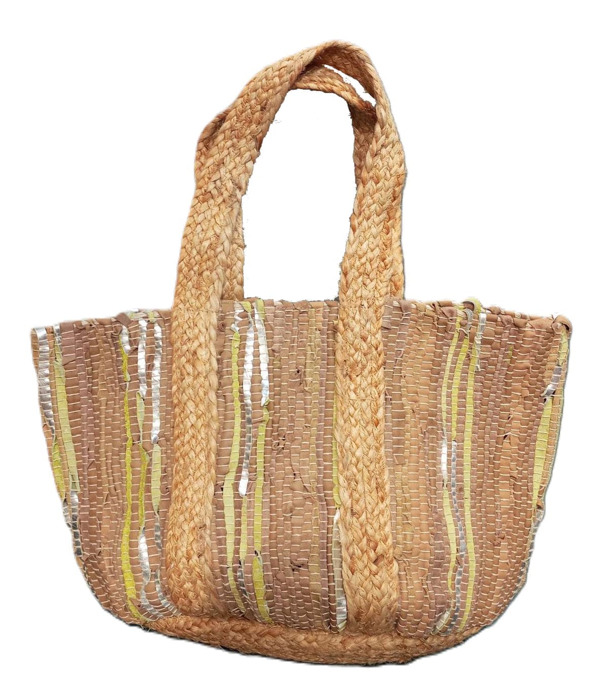 Light Taupe Leather Jute Beach Bag