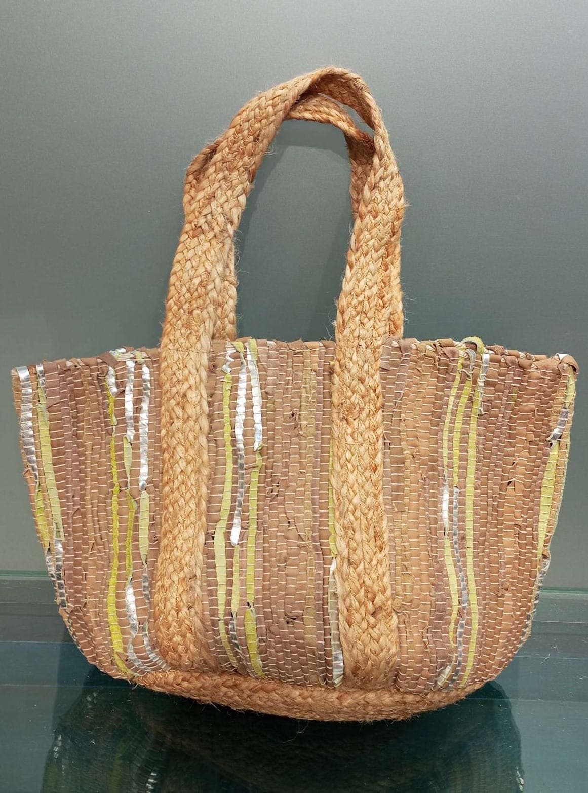 Light Taupe Leather Jute Beach Bag