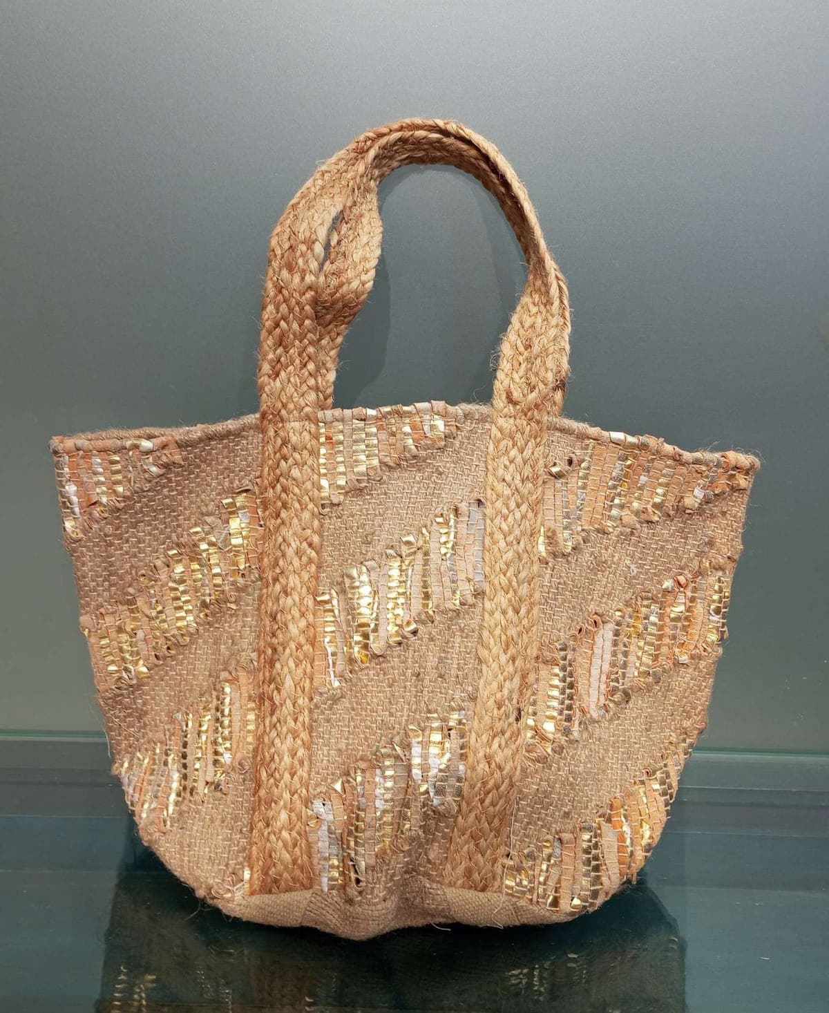 Natural Jute Leather Mix Beach Bag