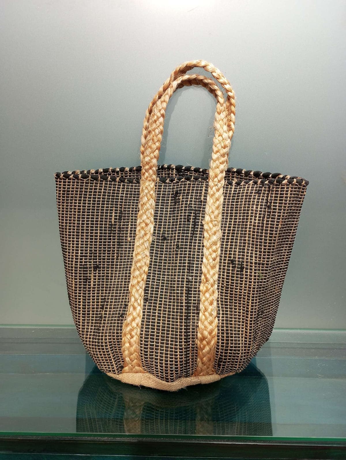 Natural Black Cotton Jute Beach Bag
