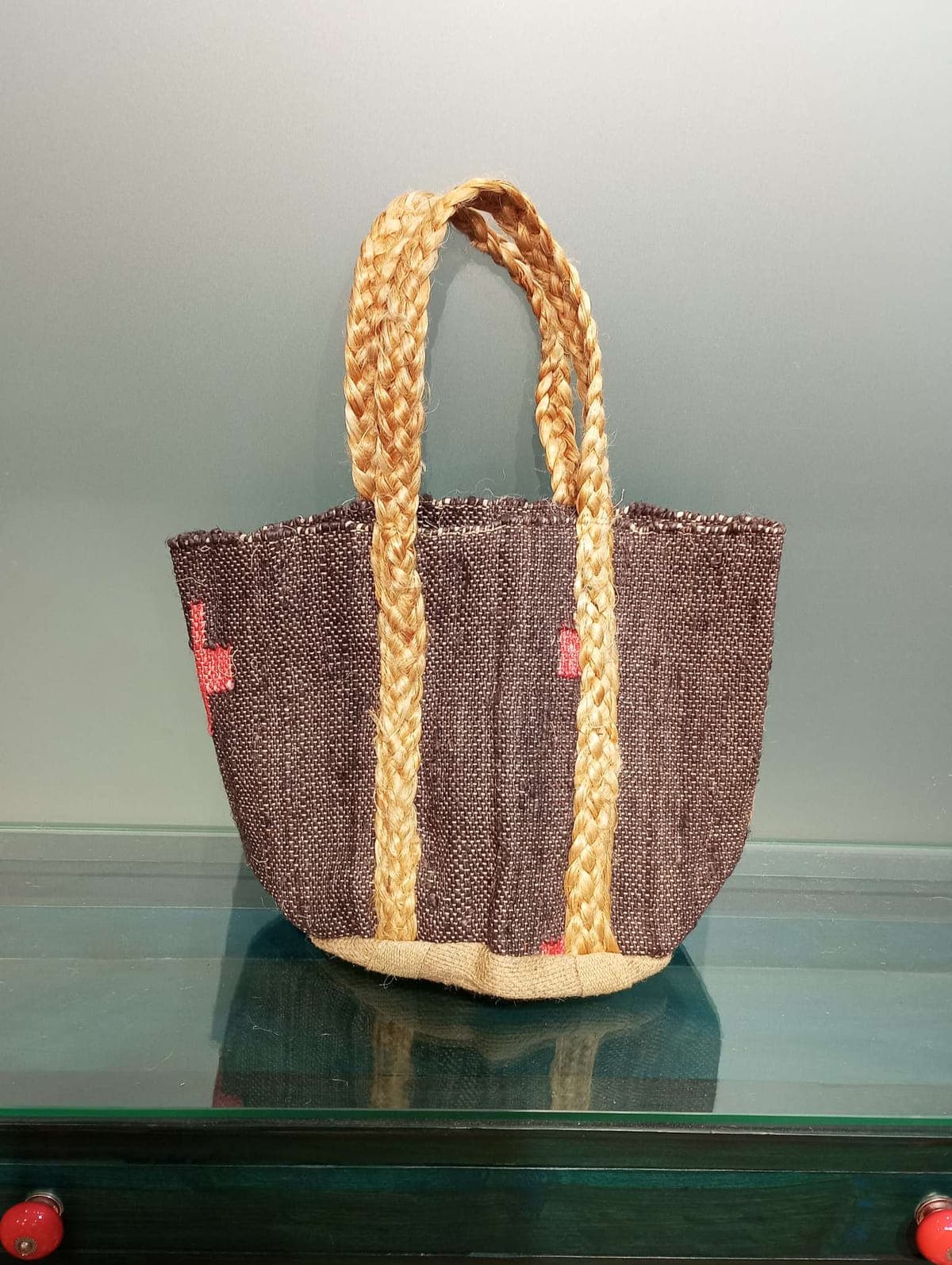 Black Red Marked Jute Beach Bag