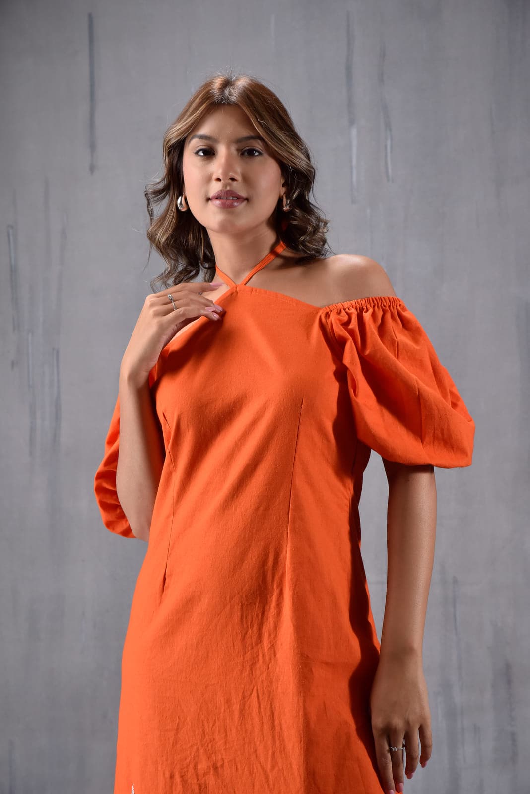 Drop Soulder Embroderd Slit Dress