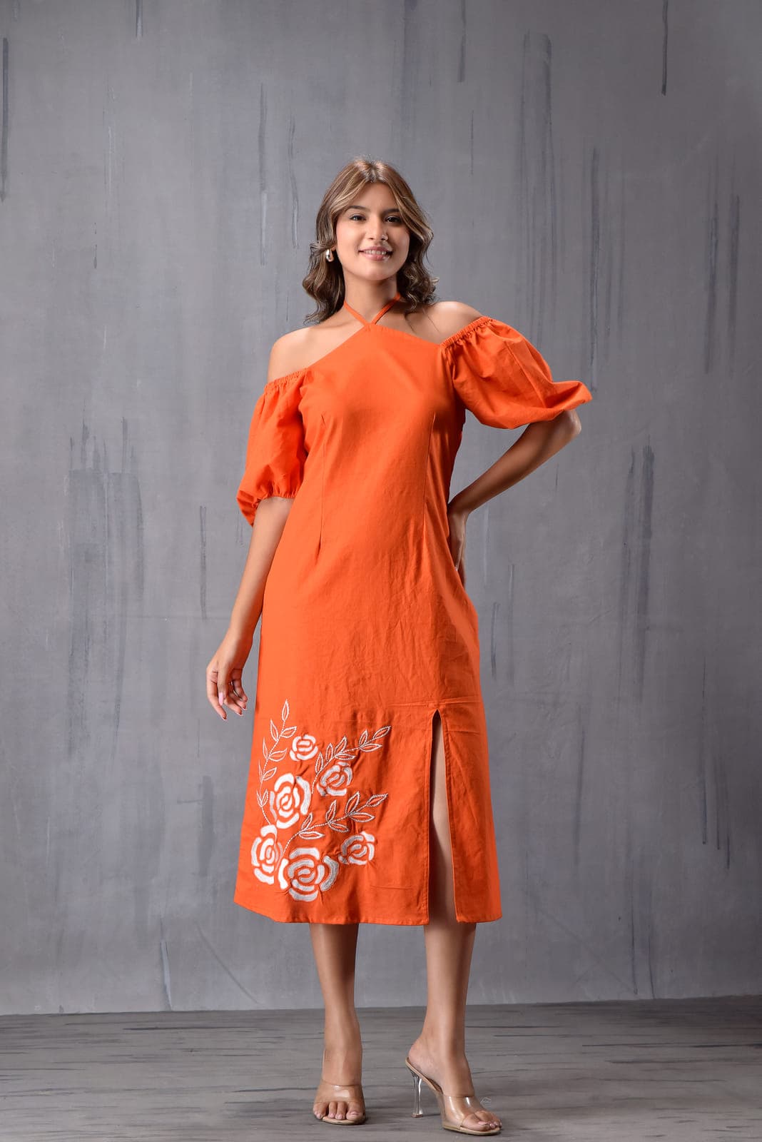 Drop Soulder Embroderd Slit Dress