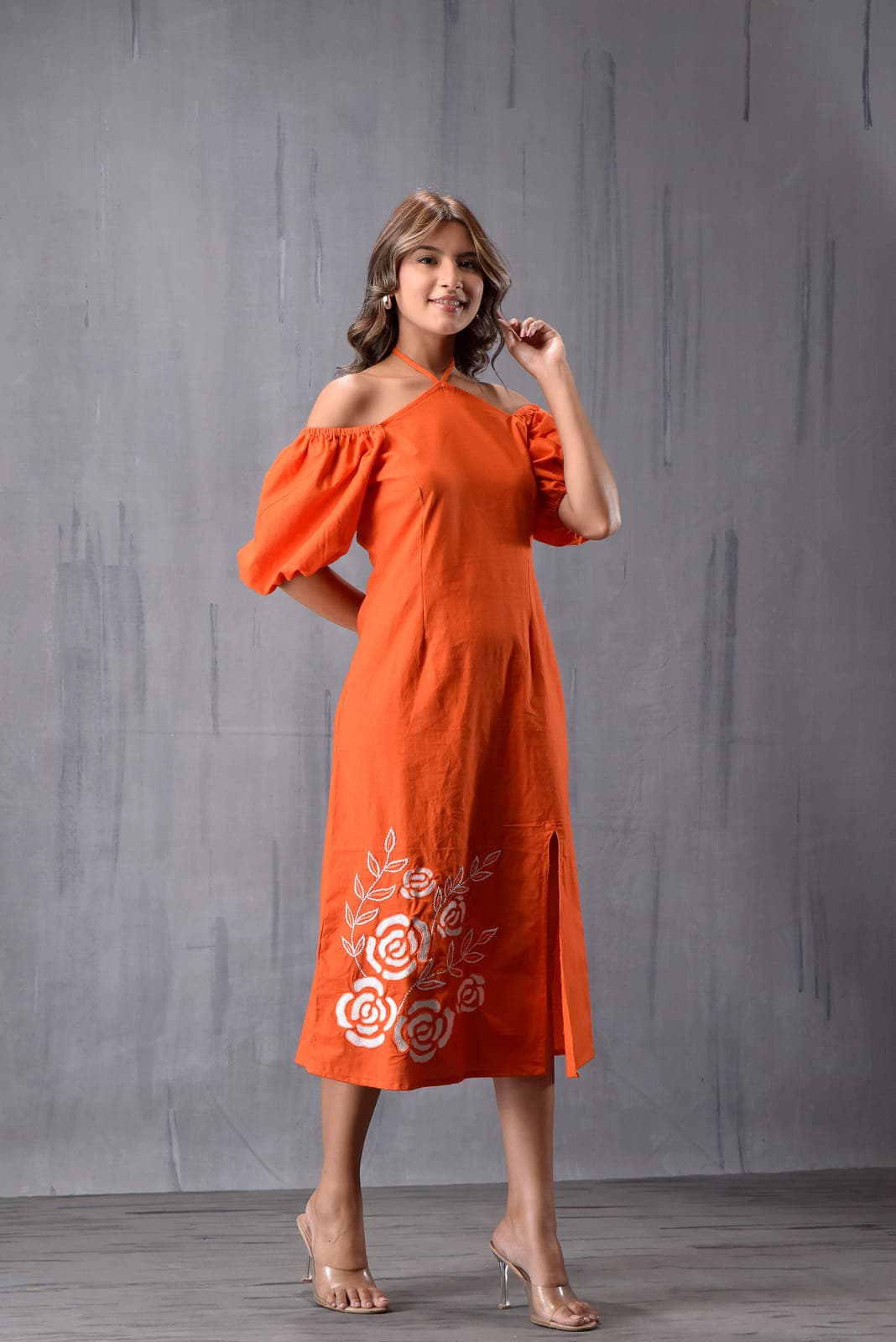 Drop Soulder Embroderd Slit Dress