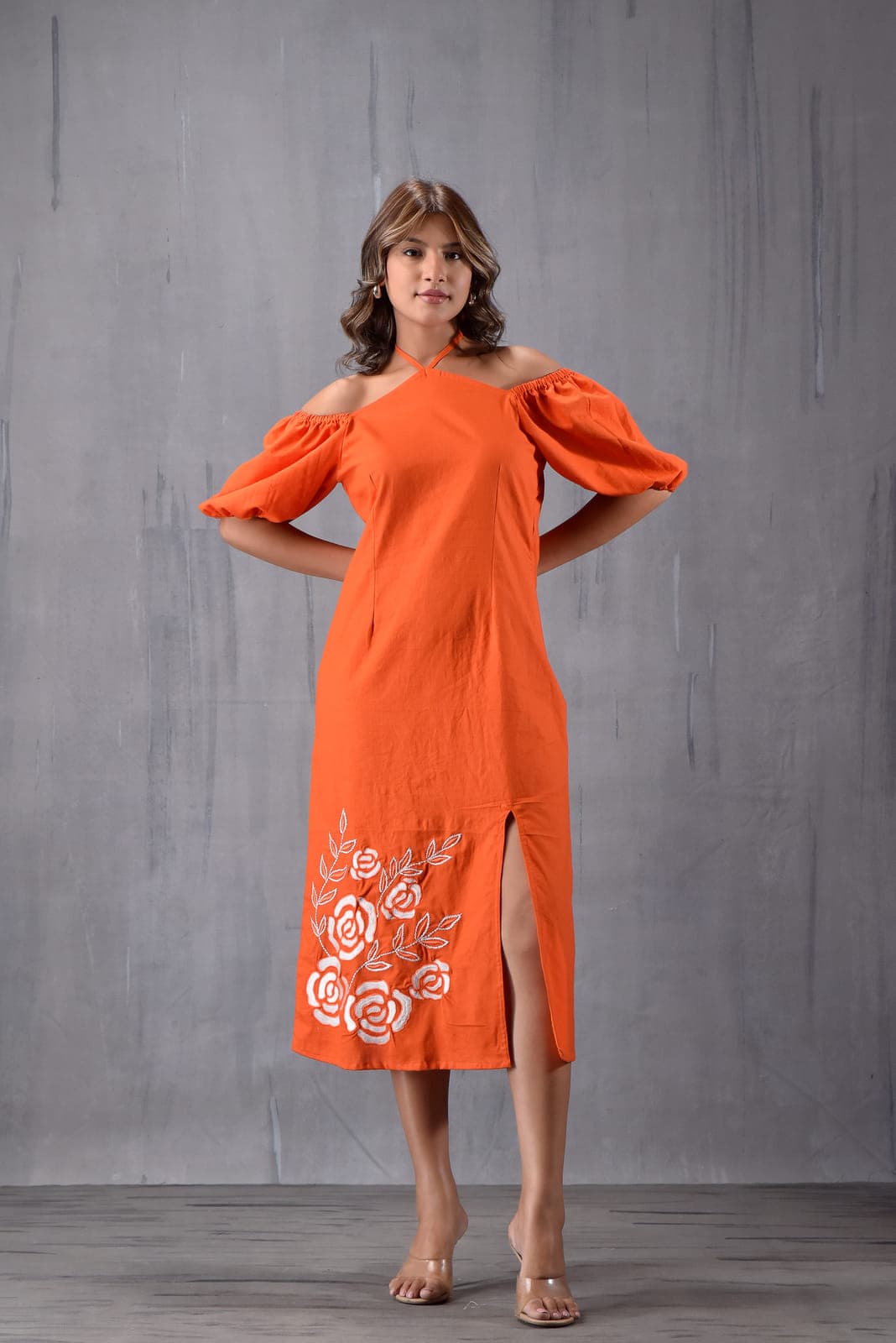 Drop Soulder Embroderd Slit Dress