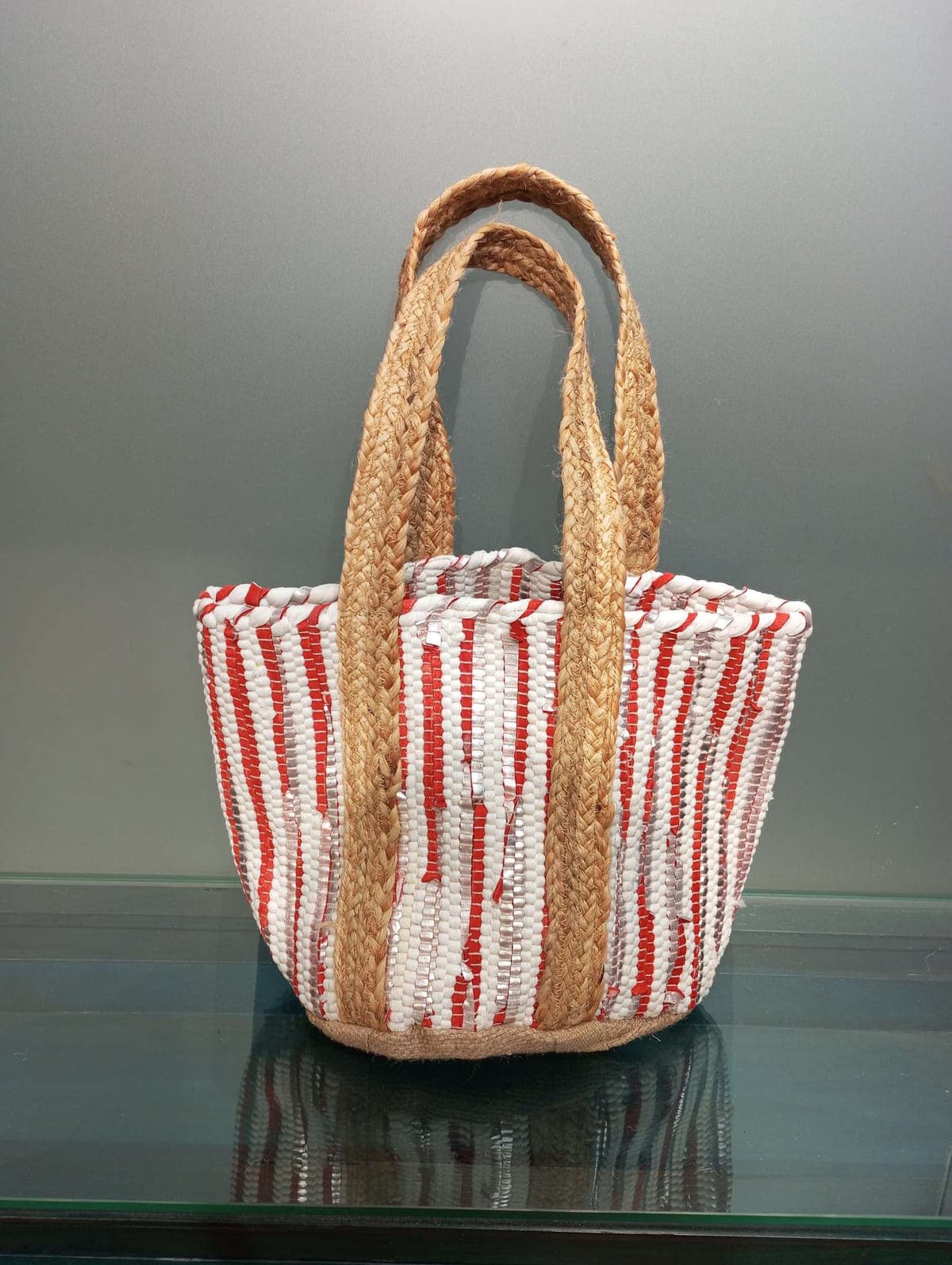Red Silver Cotton Beach Bag