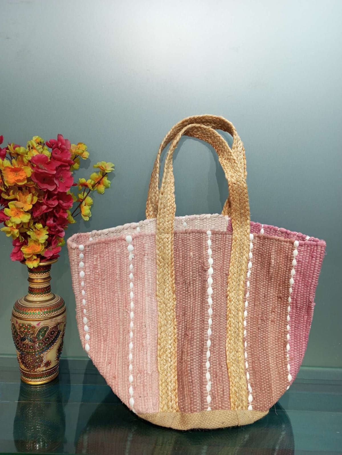 Multi Rose Cotton Beach Bag
