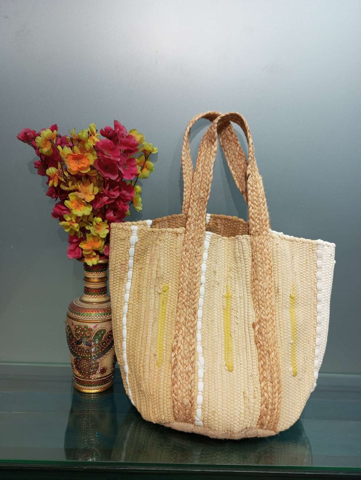 Multi Yellow Cotton Beach Bag