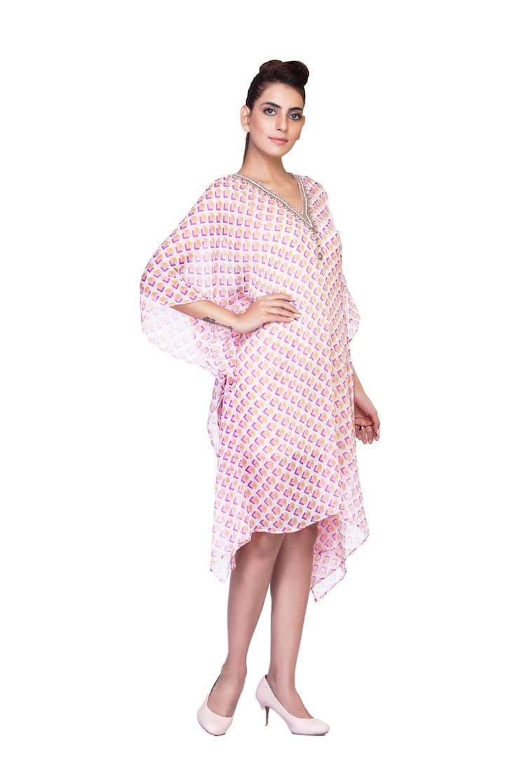 V NECK PRINTED  CHIFFON FABRIC CAFTAN