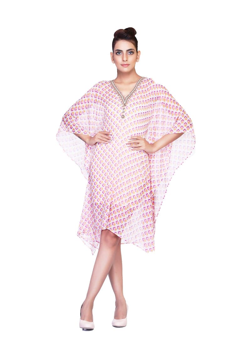 V NECK PRINTED  CHIFFON FABRIC CAFTAN