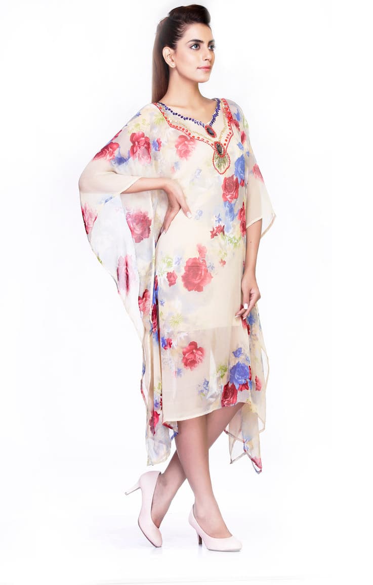 FLORAL PRINTED CHIFFON FABRIC CAFTAN