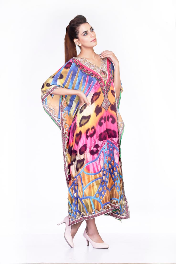 FRENCH CREPE V NECK PRINTED CAFTAN