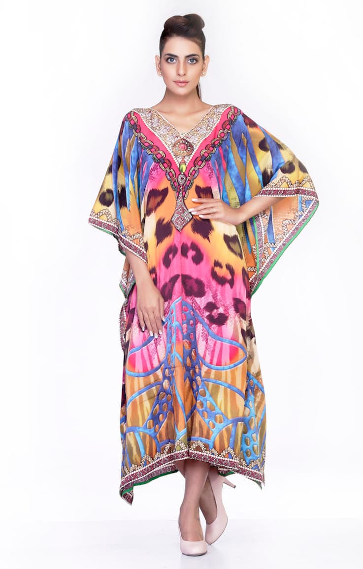 FRENCH CREPE V NECK PRINTED CAFTAN