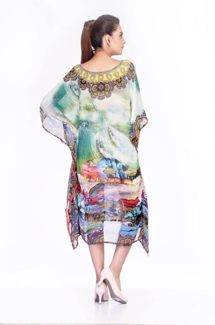 GEORGETTE MULTI GREEN KNEE LENGTH CAFTAN