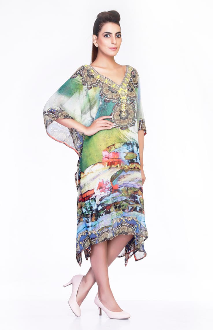 GEORGETTE MULTI GREEN KNEE LENGTH CAFTAN
