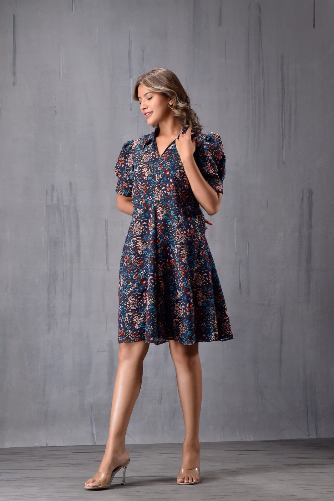 Collar With Puff Sleeve Dress