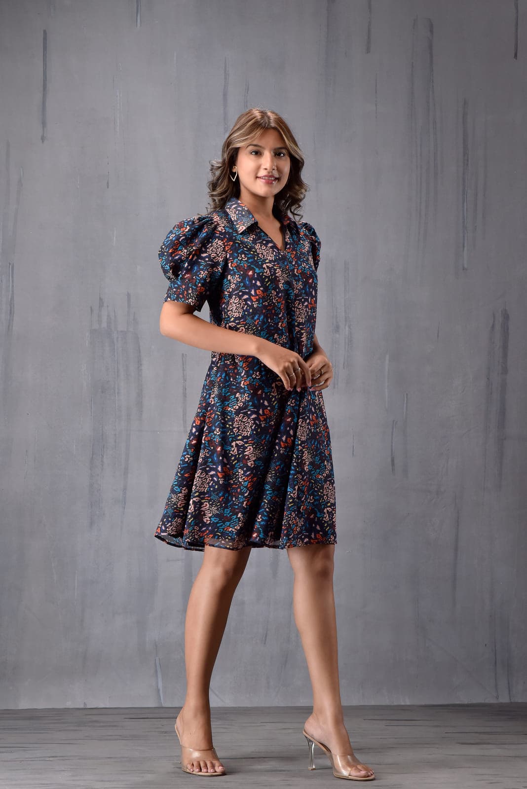 Collar With Puff Sleeve Dress