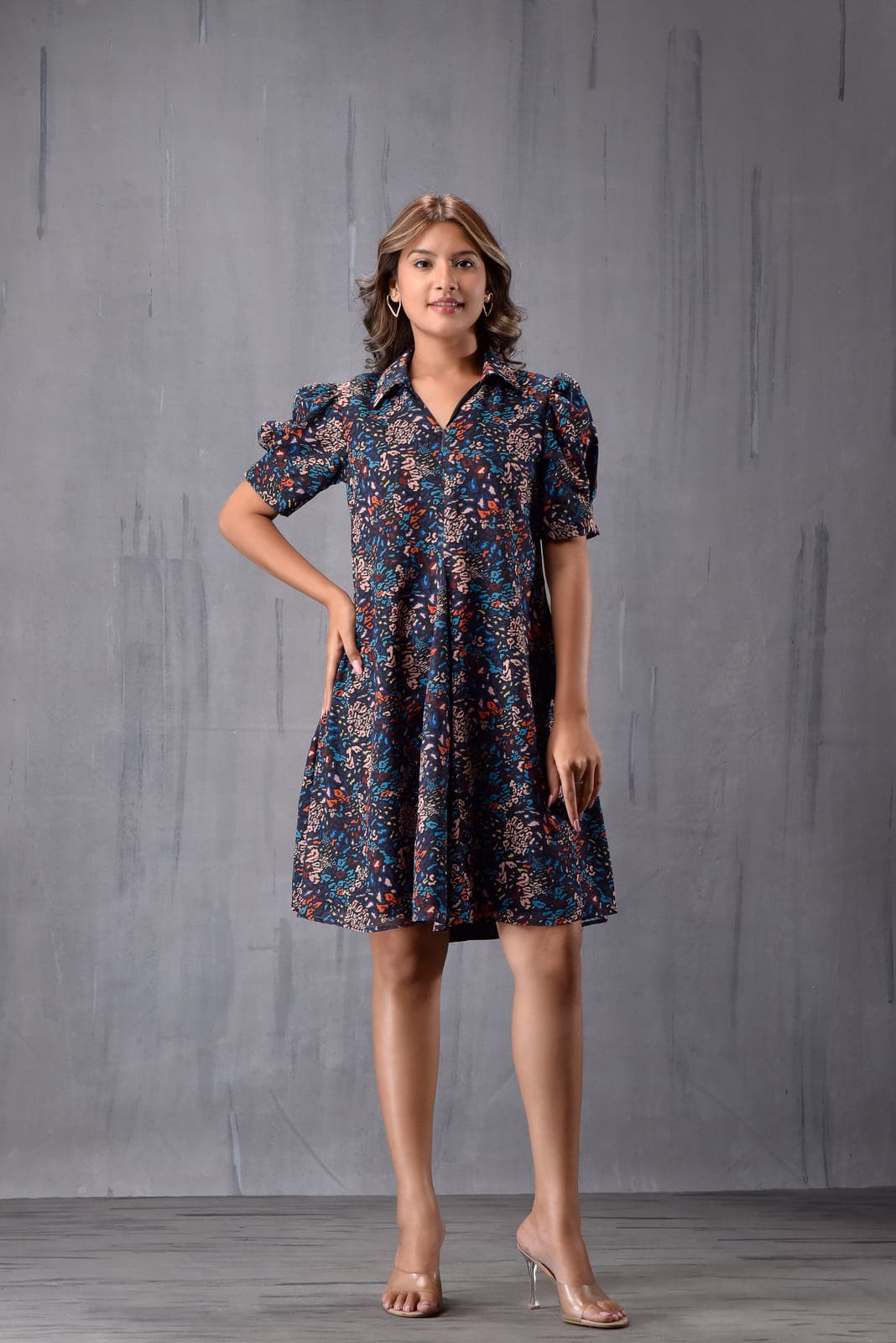 Collar With Puff Sleeve Dress