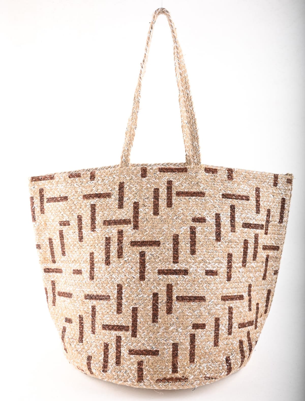 BROWN WHITE AND SILVER BRAIDED JUTE TOTE BAG