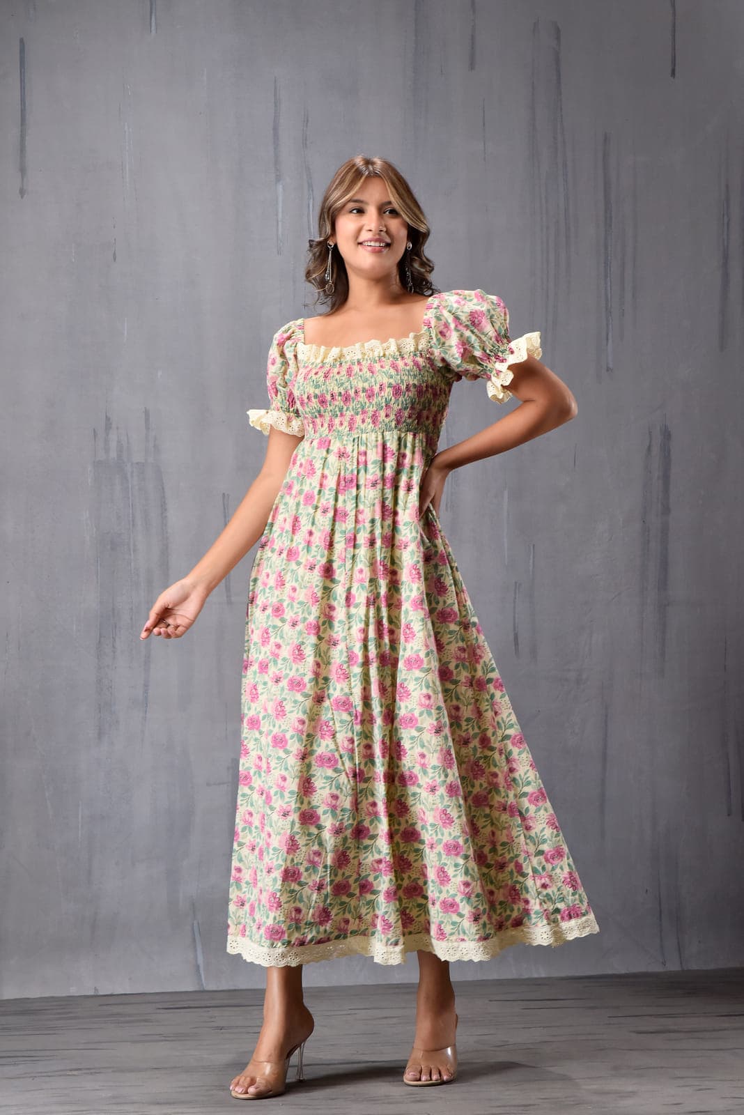 Romantic Printed Puff Sleeve Dress