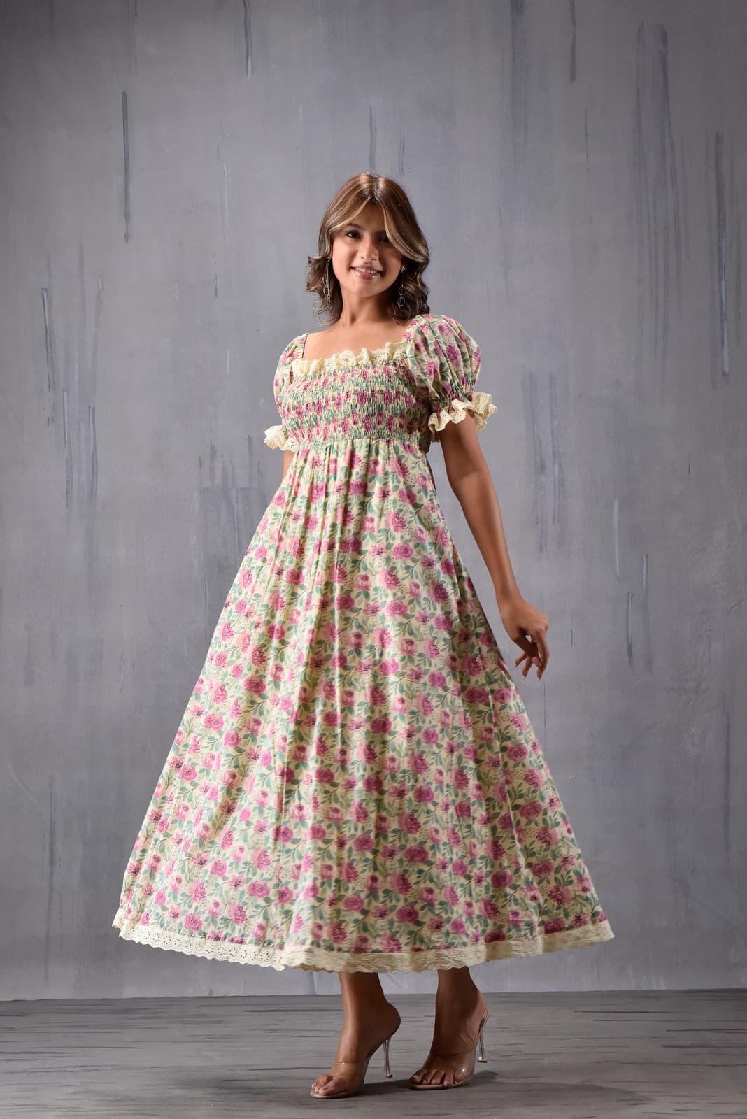 Romantic Printed Puff Sleeve Dress