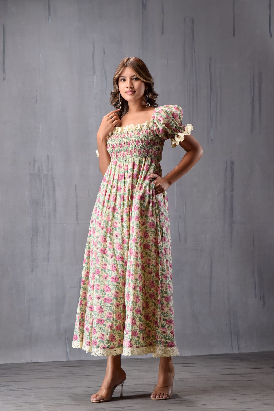 Romantic Printed Puff Sleeve Dress