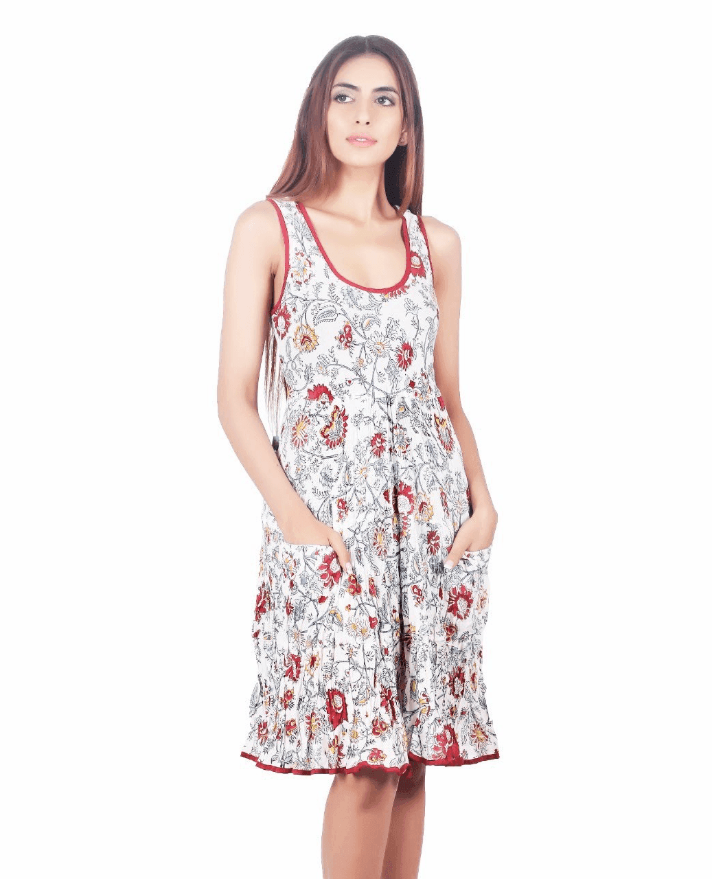 WHITE FLORAL PRINT TIRED DRESS WITH POCKET