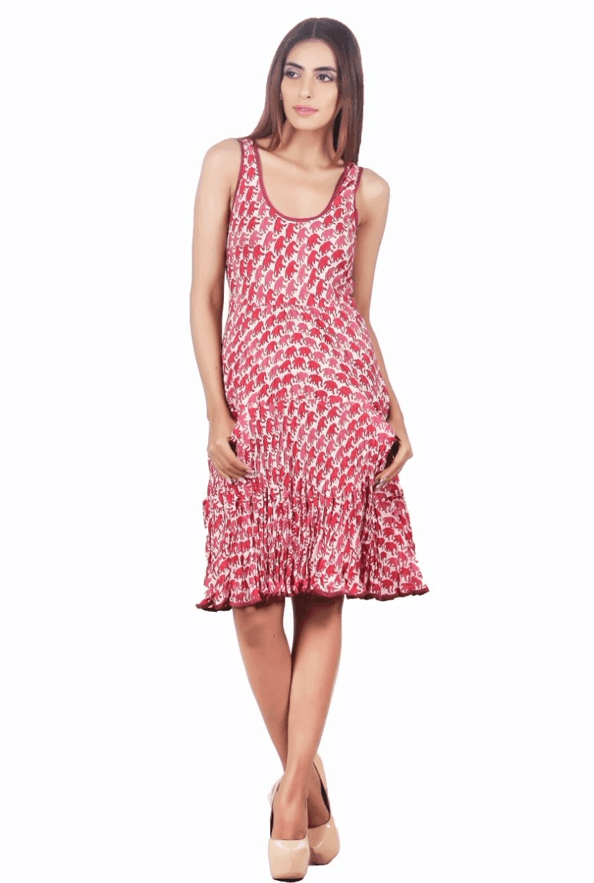 RED ELEPHANT PRINT TIRED DRESS WITH POCKET