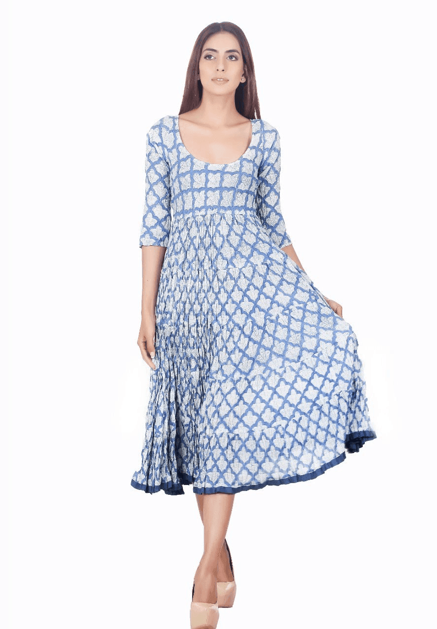 BLUE TRADITIONAL PRINT FLARED MAXI DRESS