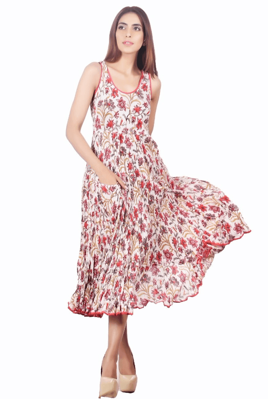 WHITE RED  FLORAL PRINT FLARED MAXI DRESS