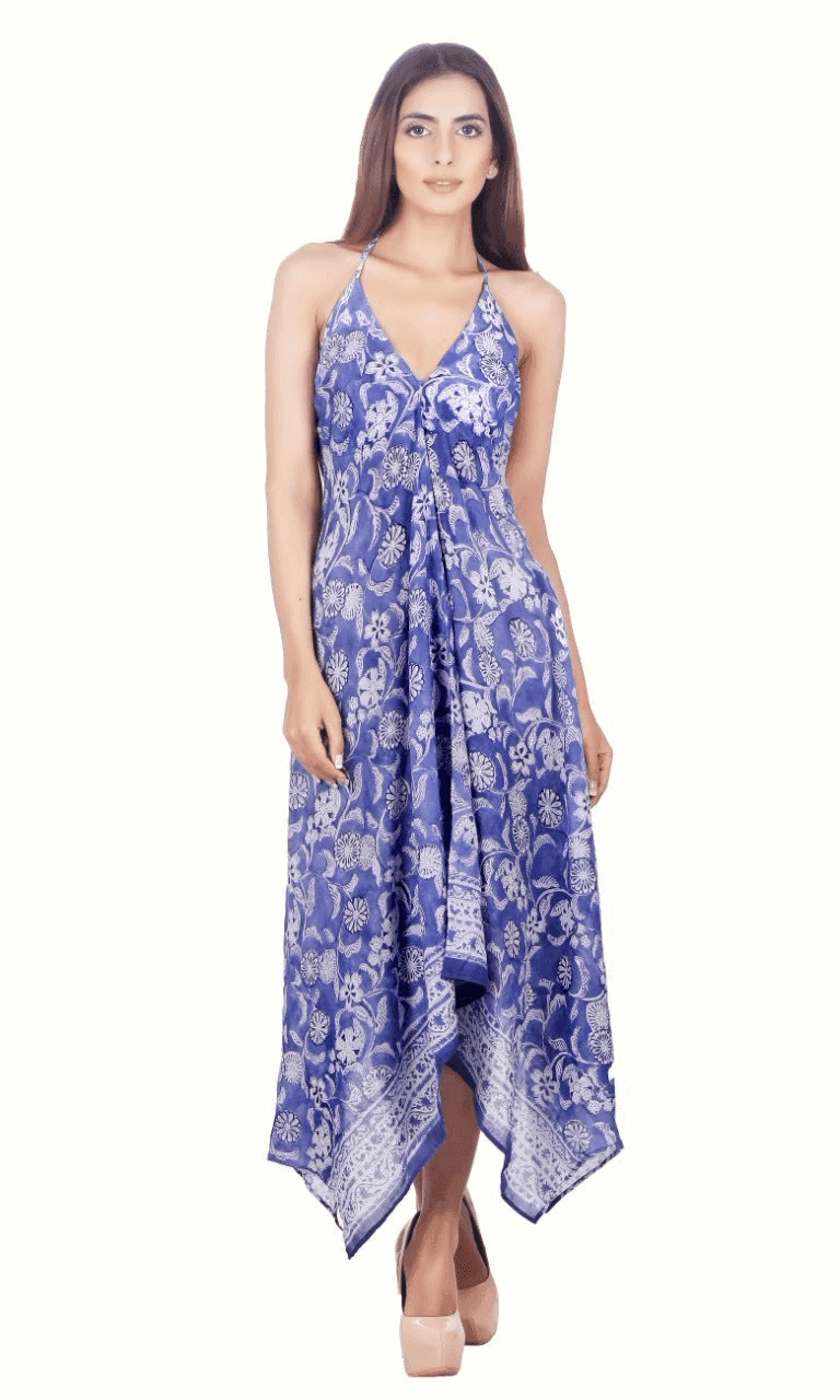 BLUE V NECK BATIK PRINT MAXI DRESS