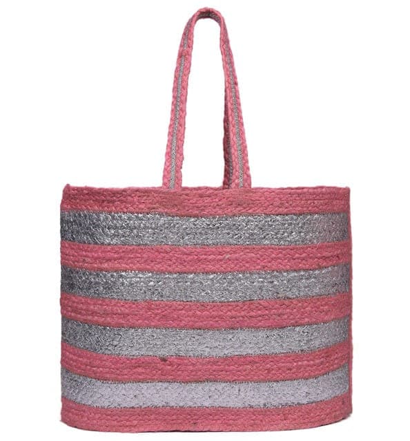 Stripe Foil Work Jute Beach Bag