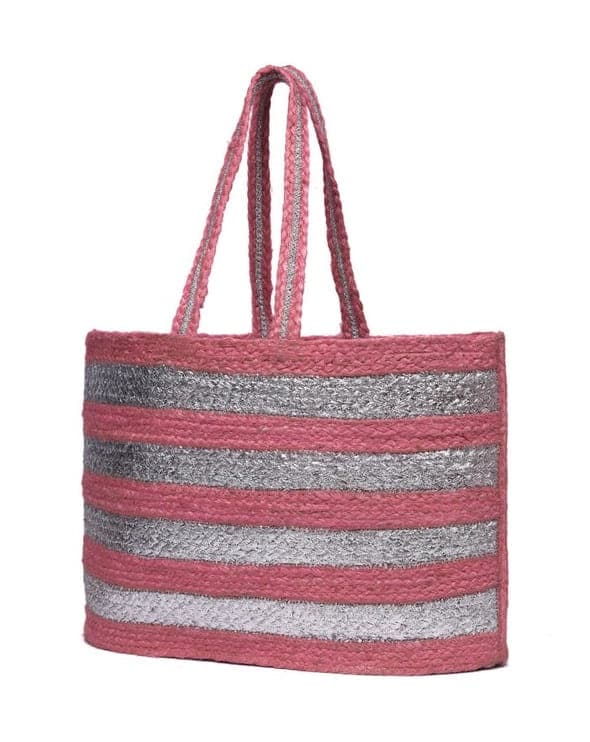 Stripe Foil Work Jute Beach Bag