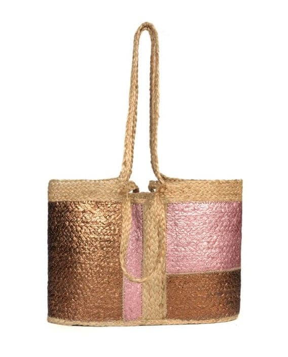 Brown Pink Foil Design Jute Bag