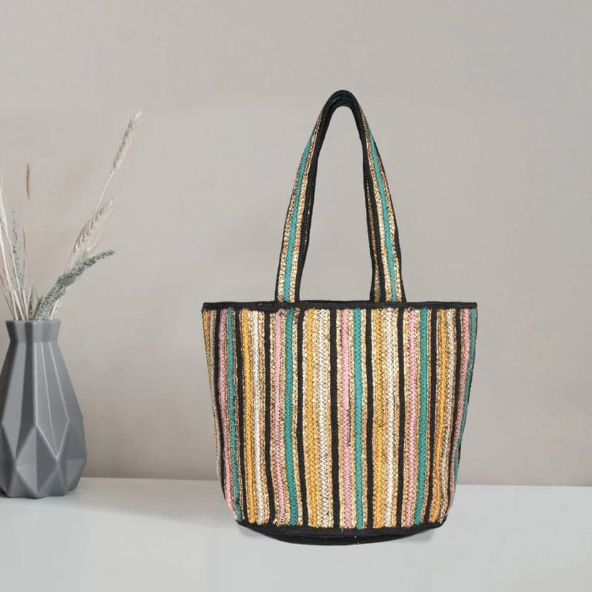 Rainbow Stripe Pattern Jute Bag