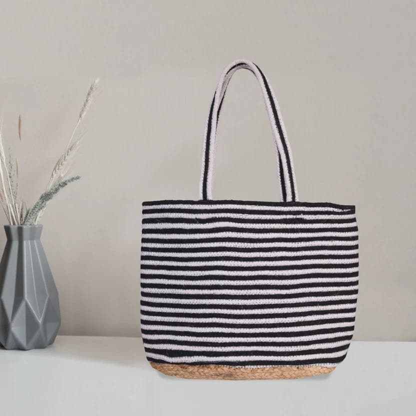 White Black Stripe Beach Bag