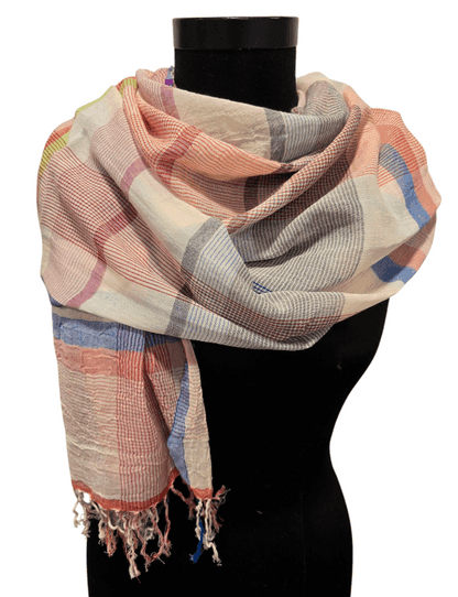 Peach multi checked pattern cotton scarf
