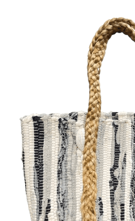 White Black Mix Chinddi Cotton Jute Beach Bag