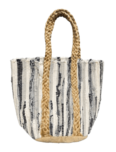 White Black Mix Chinddi Cotton Jute Beach Bag