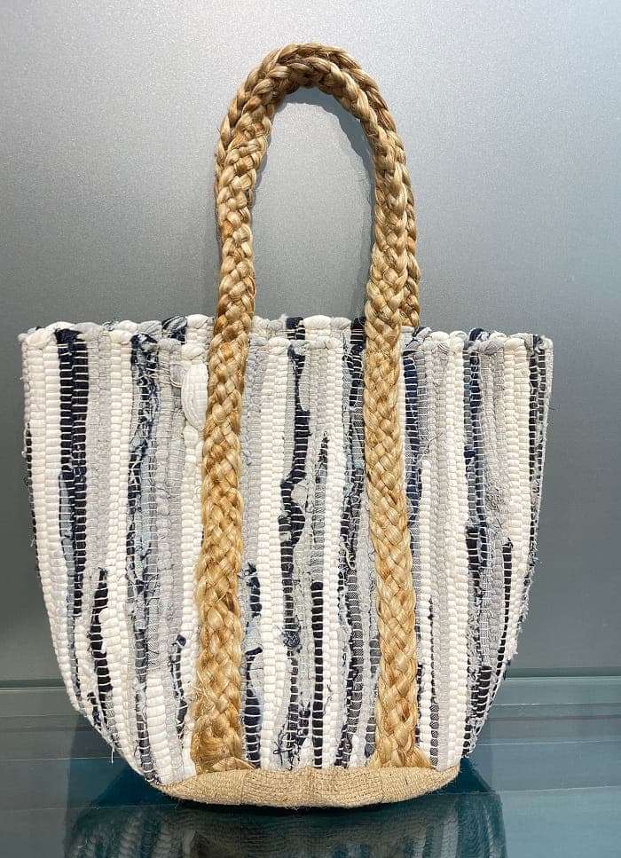 White Black Mix Chinddi Cotton Jute Beach Bag