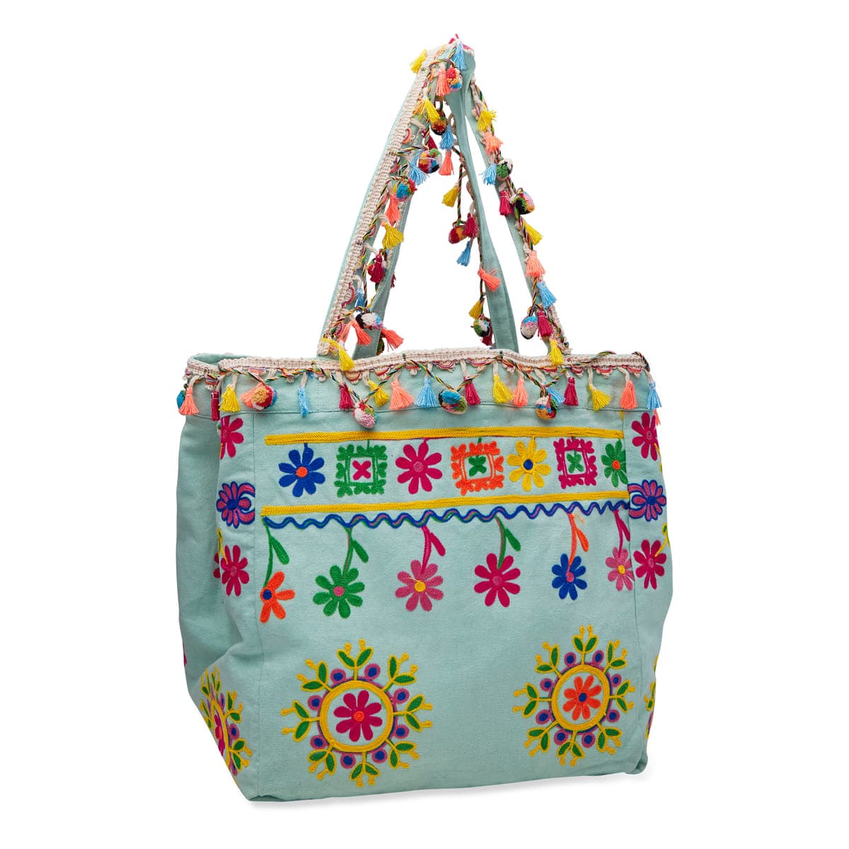 Embroidered Bag With Tassel  Turquoise